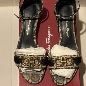 Salvatore Ferragamo Como Black and Gold Monogram Sandals